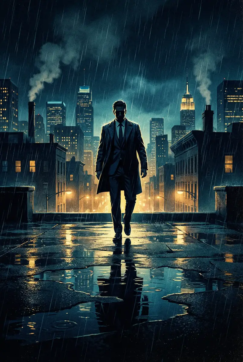 日韩天码砖区2021 出品影片《雨夜独行者》海报，雨中城市屋顶男性剪影